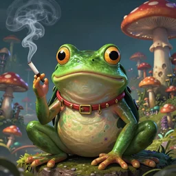 A centered chest up portrait of a psychedelic lovecraftian godlike anthropomorphic frog smoking a hand-rolled cigarette smoking heavily , magic mushroom village in background . award winning. superb resolution. in the art style of junji Ito and greg rutkowski . Detailed Mushroom city in background. Hyper realistic anime. Perfect art. Dalle2