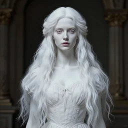 a portrait of the white lady with a dress and long hairs, art by James Jean and Wayne Barlowe, high detail, cinematic, cgsociety 8k