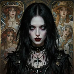 portrait painting of an androgynous witch with shoulder length black hair pale skin and beautiful eyes wearing a punk clothes, ultra realistic, concept art, intricate details, eerie, highly detailed, photorealistic, octane render, 8 k, unreal engine. art by artgerm and greg rutkowski and charlie bowater and magali villeneuve and alphonse mucha