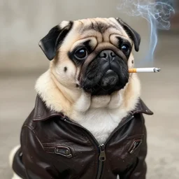 photograph of a pug wearing a leather jacket smoking a cigarette