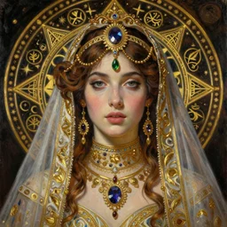 hyper realistic painting portrait of veiled bride, occult diagram, elaborate details, detailed face, intrincate ornaments, gold decoration, occult art, oil painting, art noveau, in the style of roberto ferri, gustav moreau, david kassan, bussiere, saturno butto, boris vallejo