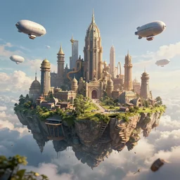 a floating island with a huge ancient civilization floating through the sky with blimps flying around photorealism, unreal engine, 8 k, volumetric lighting, beeple style