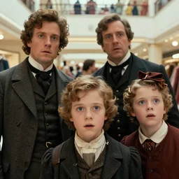sharp, highly detailed, 65mm high quality frame scan from a sci fi blockbuster color movie made in 2019, a family of four time travelers from 1860 travel in time to 2019, appearing in a shopping mall, looking surprised, the family are all wearing 1860s era clothes, good lighting, in focus, cinematic still, high quality scan, in focus, 35mm macro lens, detailed eyes, realistic faces and details, oscar winner, award winning lighting, award winning photography, ultra high definition