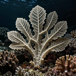 a coral reef, made of intricate decorative lace leaf skeleton, in the style of the dutch masters and gregory crewdson, dark and moody
