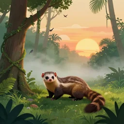 a weasel in a jungle!, mist, tropical trees, vines, birds, sunset!, fluffy clouds, warm colors, beautiful lighting, digital art, intricate details, trending on artstation