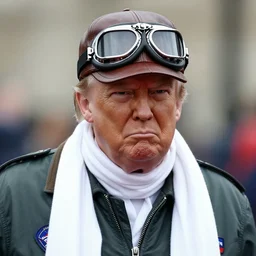 headshot of donald trump wearing a leather cap and aviator goggles, he is also wearing an a 2 flight jacket, a long white scarf is wrapped around his neck, he has a 5 o'clock shadow, a crazed angry look on his face
