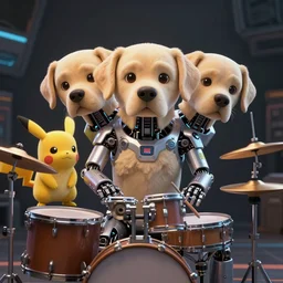 high quality 3 d render very cute cyborg labrador plays drums, 3 heads, cyberpunk highly detailed, unreal engine cinematic smooth, in the style of blade runner & detective pikachu, hannah yata charlie immer, moody light, low angle, uhd 8 k, sharp focus