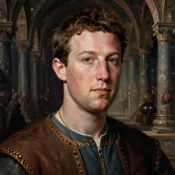 Medieval painting of Mark Zuckerberg. Dramatic. High resolution. Highly detailed. Art station. 8k