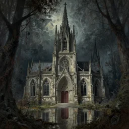 a beautiful intricate painting of a abandoned gothic church, in dark evil fantasy forest, reflections, very high details by william turner art, greg rutkowski and alphonse mucha, trending on artstation, very very detailed, masterpiece,