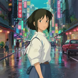 woman standing on rainy and busy cyberpunk city street, in the style of spirited away, vibrant colours, hyperrealism, soft lighting, art by satoshi kon, lush detail, award winning, trending on artstation, by greg rutkowski and beeple, 4 k