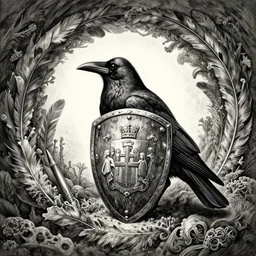 a stoic crow!! within a circle of feathered reef, attack profile angle, centered on family crest! shield, coat of arms!, pencil and ink, very detailed, artstation, mysterious, mythical, greek mythology, norse mythology, full frame, dramatic shading, jonathan pointer, janie penny,