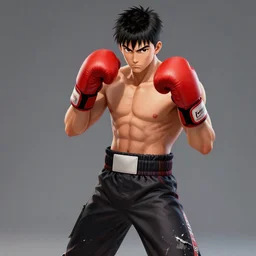demon boxing hero , short hair,worn pants,boxing glove made by Yusuke Murata,Tomohiro Shimoguchi, Takeshi Obata, ArtStation, CGSociety