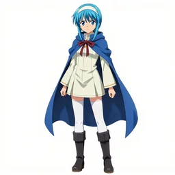 a blue-haired alchemist girl, wearing a headband, short pale tunic and white stockings, high boots, azure cape, anime model sheet; in the Japanese fantasy videogame; character concepts; trending on artstation, highly detailed, clean lineart