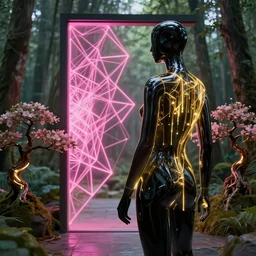 beautiful mannequin sculpted out of black glass by billelis + lit with geometric neon dripping gold + forest in background!!!, facing a doorway opening with neon pink geometric fractal light + flowering bonsai trees, transcendent, clean linework, dramatic, finely detailed, 4 k, trending on artstation, award winning, photorealistic, volumetric lighting, octane render