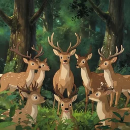 a stylized 2 d cinematic keyframe of abeautiful forest with deers, joy gaze, cel - shaded, classical animation, edge - to - edge print, rendered by studio ghibli, artgerm, alyssa monks, andreas rocha, david kassan, neil blevins, rule of thirds, golden ratio, ambient lighting, art