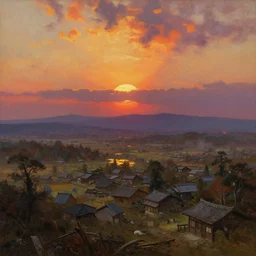a post apocalyptic japanese landscape after a nuclear war, beautiful radioactive sunset lighting, beautiful painting, japanese village, painted by albert bierstadt