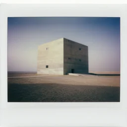 impossibly large concrete structure in the distance, middle of the desert, minimalist architecture, megalophobia, foggy, old polaroid, expired film,