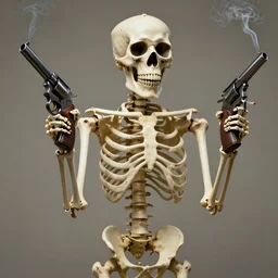 photo of a real skeleton holding revolvers and smoking a cigarette, 8 k, hd, highly detailed