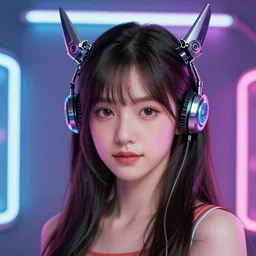 cute young woman with robot ears and eyes, 4k, sharp focus, neon colored fluorescent lighting, jordan grimmer