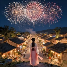 a beautiful picture of fireworks at night, busy village, a girl in hanfu, by greg rutkowski and thomas kinkade, trending on artstation