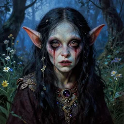 a pretty but sinister and creepy goblin in layers of fear, cinematic lighting, with haunted eyes, violence in her eyes, 1 9 7 0 s, seventies, delicate embellishments, a little blood, woodland, blue dawn light shining on wildflowers, painterly, offset printing technique, by walter popp, alexandre cabanel