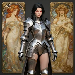 a woman dressed in armor with red eyes and black hair, exposed thighs, art by krenz cushart and artem demura and alphonse mucha and arthur adams, polycount, fantasy art, polycount