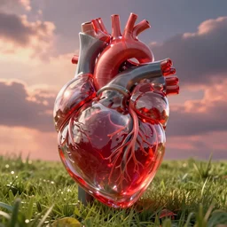 close - up 3 d anatomical model of a human heart made of transparent red glass, cinematic view, epic sky, detailed, concept art, low angle, high detail, warm lighting, volumetric, godrays, vivid, beautiful, trending on artstation, by jordan grimmer, huge scene, grass, art greg rutkowski