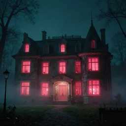 photograph of a utopian manor by ernst fuchs art, scary, neon lights, 1 9 1 6, fog, atmospheric