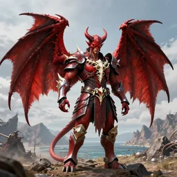 am a naranbaatar ganbold, man devil in armor made of iron and dragon bones, with hellish big beautiful red devil wings, height detailed body elements, against the background of mountains, ocean, battlefield