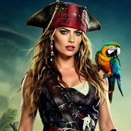 margot robbie as a sexy tattooed pirate with a parrot, movie poster, amazing detail, 8k resolution