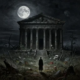 (an ancient crumbling overgrown temple), a moonlit steppe, ((in the style of shadow of the colossus)), by tyler edlin, by gustave dore, blood moon, 💀, matte painting