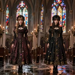 a highly detailed unreal engine symmetric portrait of a gothic girl in a richly decorated church with a wet floor and light coming in through the stained windows, bokeh, tilted frame, henry cartier bresson