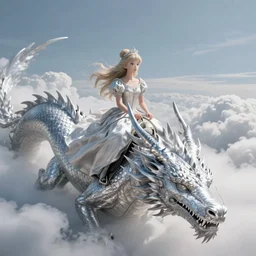 beautiful scene render that a princess ride on a huge silver white dragon back, finely detailed angelic face delicate features, in the fairyland surrounded by white clouds, perfectly shaded, atmospheric lighting, style of makoto shinkai and peter mohrbacher, studio ghibli. artgerm, karol bak, beeple, animation style, 4 k hd, hyper detailed