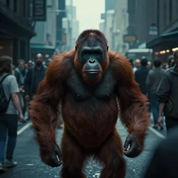 vfx film, blade runner 2 0 4 9 orangutan in the city street, flat color profile low - key lighting award winning photography arri alexa cinematography, big crowd, hyper real photorealistic cinematic beautiful, atmospheric cool colorgrade