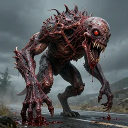 Giant fanged limb monster walks in the road. Drops of blood, meat with veins, mouths, eyes. Dark colors, high detail, hyperrealism, horror art, intricate details, masterpiece, biopunk, body-horror, art by Aivazovsky, Beksinski, Giger