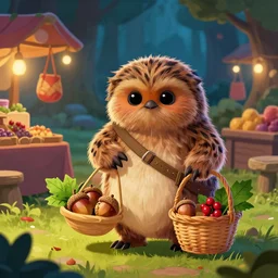 adventurous ewok shopping in the forest market at night with a basket that contains acorns, berries, and leaves, artstation, colorful