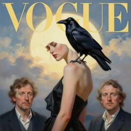 morning, raven perching on the shoulder of a woman in a black dress. sun, cinematic, clouds, vogue cover style, contracting colors mood, realistic painting, intricate oil painting, high detail, figurative art, multiple exposure, poster art, 3 d, by simon bisley, ismail inceoglu, wadim kashin, filip hodas.