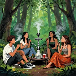 3 young guys and 4 girls smoke hookah and have fun in magic forest, paint by banksy