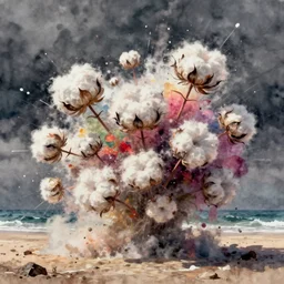 explosion made of cotton, beach, fantasy, intricate, amazing composition, colorful watercolor, by ruan jia, by maxfield parrish, by marc simonetti, by hikari shimoda, by robert hubert, by zhang kechun, illustration, gloomy