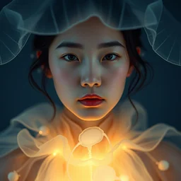 closeup shot of asian female wearing a luminous soft fragile jelly fish dress, symmetrical face, by ray caesar, by louise dahl wolfe, by andrea kowch, by anna claren, surreal photography