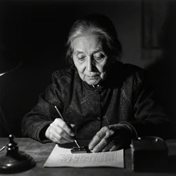 elderly woman, mysterious, dark lighting, black and white, traditional artwork, thematic apperception test, psychometric