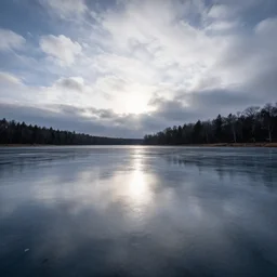 reflective frozen lake, swirly clouds