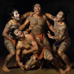ultra - detailed butoh dancers with maori facial tattoos making extreme facial expressions painted by pre - raphaelites