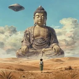 movie still from studio ghibli movie showing a highly detailed landscape with a giant living buddha walking through the desert. a ufo is in the sky. 1 9 8 0's science fiction, 1 9 7 0's science fiction, misty, depth perception, 4 k
