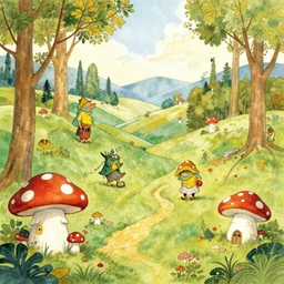 “a fairytale landscape with troll creatures and mushroom houses, in the style of John Bauer and wimmelbilderbuch”