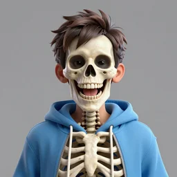 a beautiful, hyperrealism, naturalistic 3 d rendered matte painting and symmetrical portrait of a glee skeleton boy wearing a white string attached light blue hoodie who smiles tremendously, and the passion he feels excites his bone face full of joy and pure happiness, in the style of james jebusa shannon, reisha perlmutter and finnian macmanus : 5