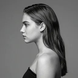 a photo in three - quarter profile of young girl, gray background, art by mario testino