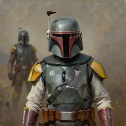Boba Fett staring at his bounty target from a distance, oil painting