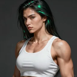 a dark haired muscular woman in a white tank top. highly detailed portrait, digital painting, sharp focus illustration, artstation hq. intricate, elegant. art by shintaro kago, green iridescent