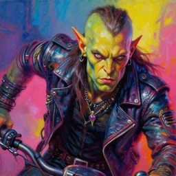 stylized action shot of an apocalyptic scifi orcish biker character, psychedelic vibrant colors, futuristic punk rock fashion, highly detailed oil painting by michael whelan art, perfect face, sharp focus, detailed eyes, realistic, long hair, leather jacket, 8 k